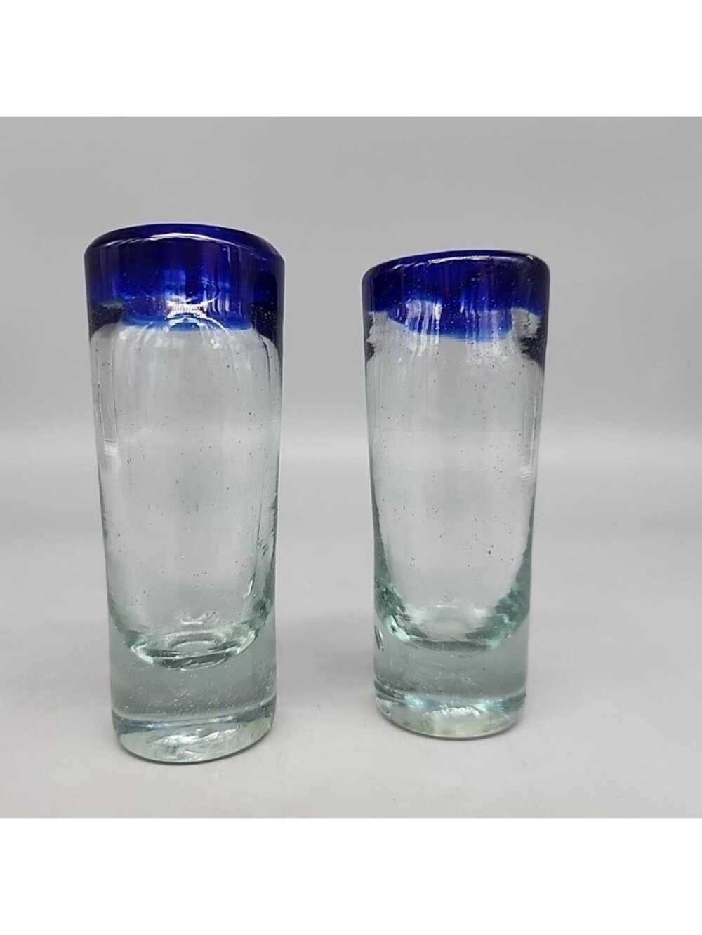 Mexican Double Shot Tequila Glasses, Hand Blown Set of 2 Blue Rim